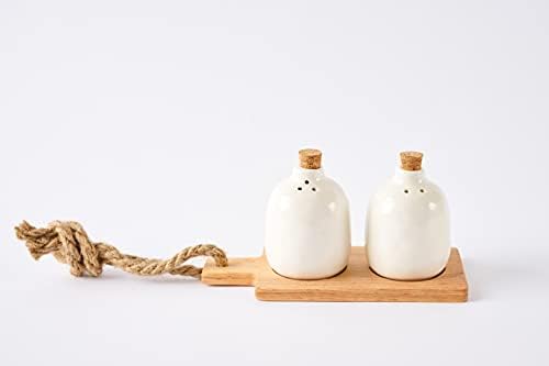 Mud Pie Bistro Basic Ceramic Salt Pepper Shaker Set with Board White