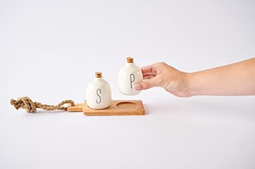 Mud Pie Bistro Basic Ceramic Salt Pepper Shaker Set with Board White