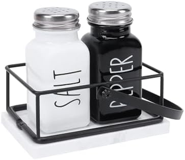 Livabber 2 Salt and Pepper Shakers with Marble Holder Set