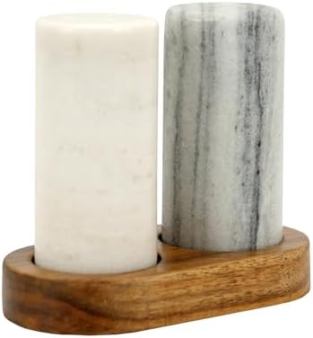 Spiretro Elegant Marble Salt Pepper Set with Acacia Holder