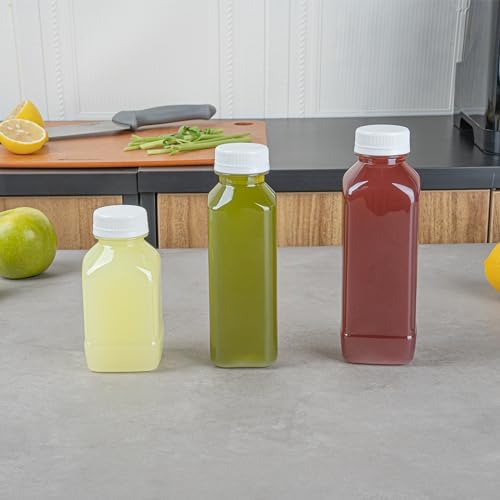 Restaurantware 16 Ounce Square Plastic Juice Bottles - 100 with Tamper Evident Cap