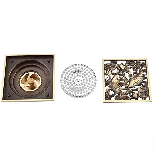 AUNMAS 4 Inch Antique Brass Shower Floor Drain with Fish Lotus Pattern