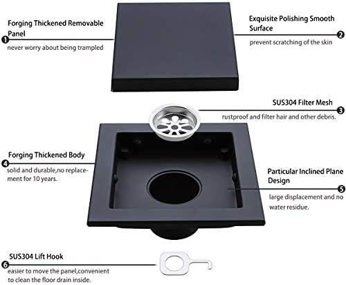 Random Black Square Drain with Tile Insert 6 Inch Cover