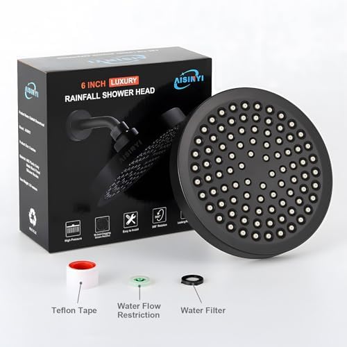 AISINYI 6 Inch Matte Black Rainfall Shower Head