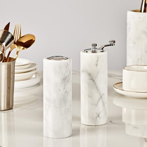 Natural Polished Marble Salt Shaker and Pepper Mill Set