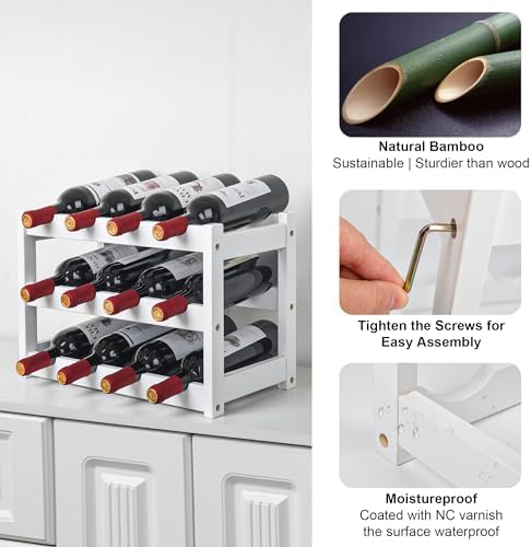 VASMIA Bamboo Wine Rack 3-Tier 12 Bottles White