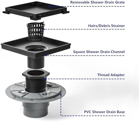 Bernkot Square Shower Drain 6 with 2 PVC Flange Base