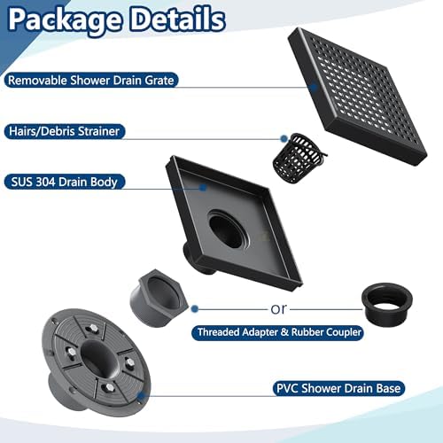 Neodrain 6 Inch Square Shower Drain with Matte Black Grate