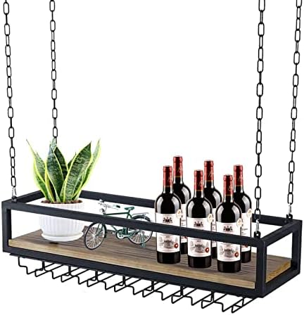 Ceiling Hanging Wine Rack with Wood Shelf and Metal Frame