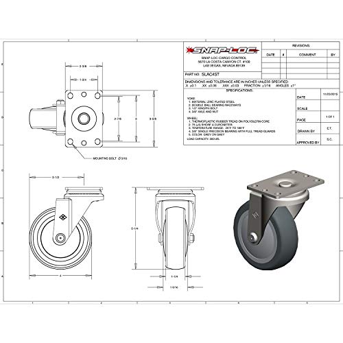 Snap-Loc 4 Inch THERMOPLASTIC Swivel Caster 300 LB