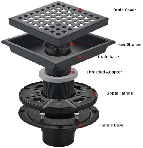 6 Inch Square Shower Drain with Flange and Hair Strainer