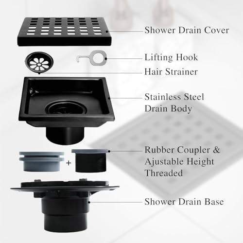 4 Inch Square Shower Drain with Flange and Hair Strainer
