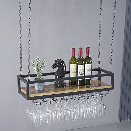 Ceiling Hanging Wine Rack with Wood Shelf and Metal Frame