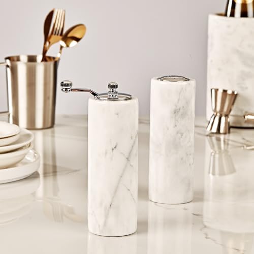Natural Polished Marble Salt Shaker and Pepper Mill Set