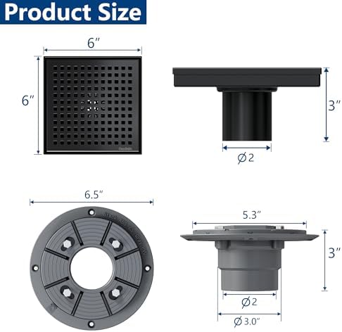 Neodrain 6 Inch Square Shower Drain with Matte Black Grate