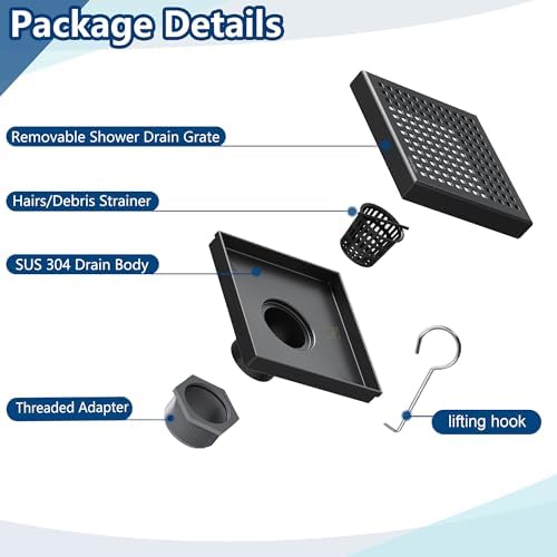 Neodrain 6 Inch Square Shower Drain with Matte Black Grate 1
