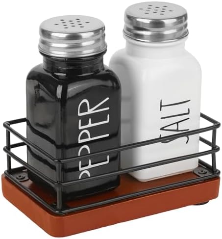 Cute Farmhouse Salt Pepper Shaker Set with Wooden Holder