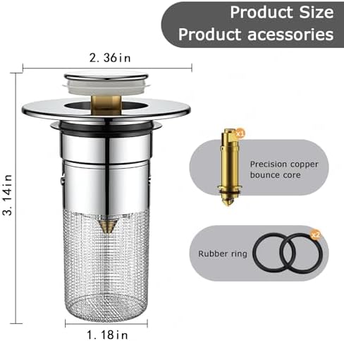 Bathroom Sink Drain Strainer - Pop Up Stainless Steel Hair Catcher