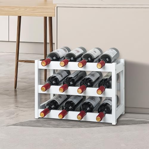 VASMIA Bamboo Wine Rack 3-Tier 12 Bottles White