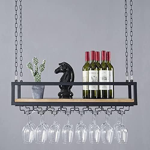 Ceiling Hanging Wine Rack with Wood Shelf and Metal Frame