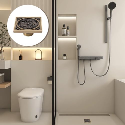 Tissting 43x43in Stainless Steel Copper Floor Drain with Dragon Phoenix Relief Design