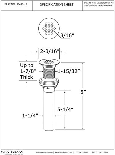 Westbrass D411-12-50 Grid Strainer Lavatory Drain No Overflow