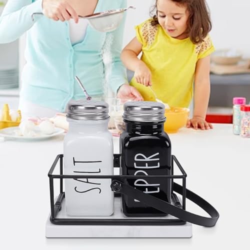 Livabber 2 Salt and Pepper Shakers with Marble Holder Set