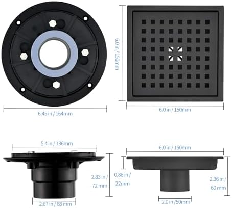 6 Inch Square Shower Drain with Flange and Hair Strainer