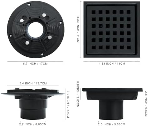4 Inch Square Shower Drain with Flange and Hair Strainer