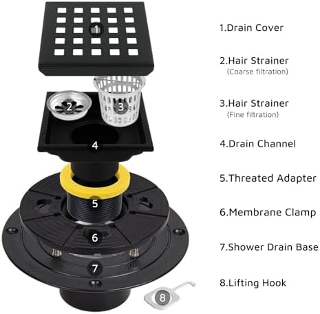 Heaorld Square Shower Drain 4 Inch Matte Black