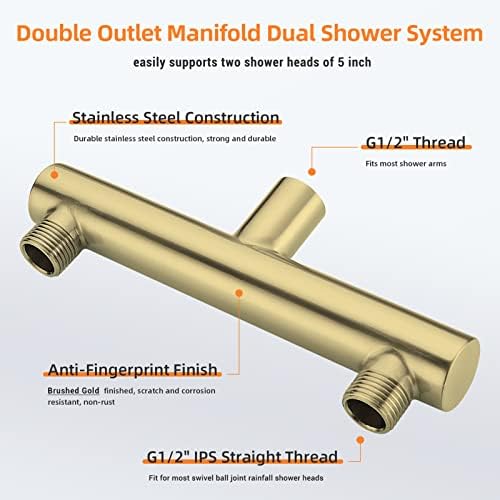 TRUSTMI Double Shower Head Manifold Splitter 2 Way Brushed Gold