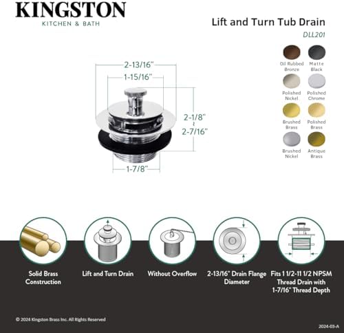 Kingston Brass DLL200MB Lift and Lock Bathtub Drain Matte Black
