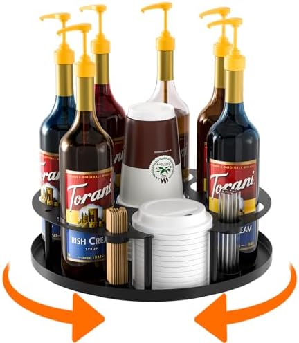 Coffee Syrup Organizer 8 Bottles with Rotating Holder and Stirrers