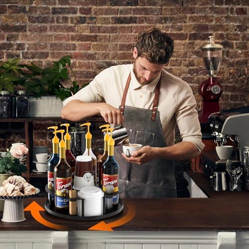 Coffee Syrup Organizer 8 Bottles with Rotating Holder and Stirrers