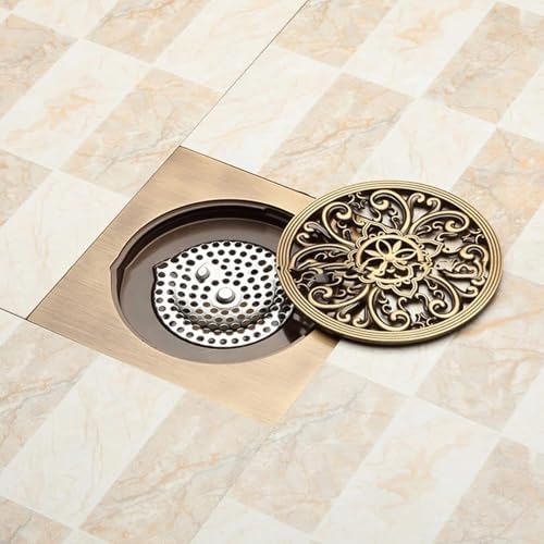 6 Inch Antique Brass Floor Drain with Quadrato Pattern