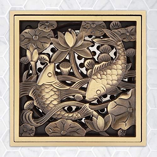 AUNMAS 4 Inch Antique Brass Shower Floor Drain with Fish Lotus Pattern
