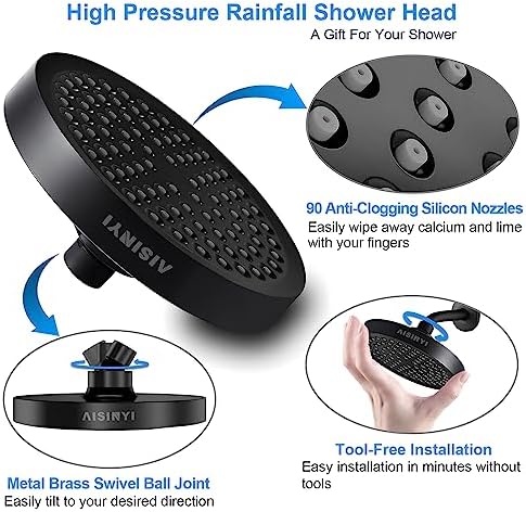 AISINYI 6 Inch Matte Black Rainfall Shower Head