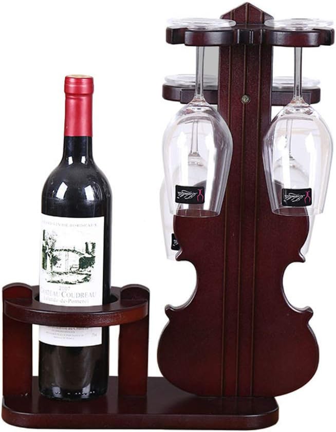 Creative Violin Wine Rack Wood Design 1 Bottle 4 Cups Holder