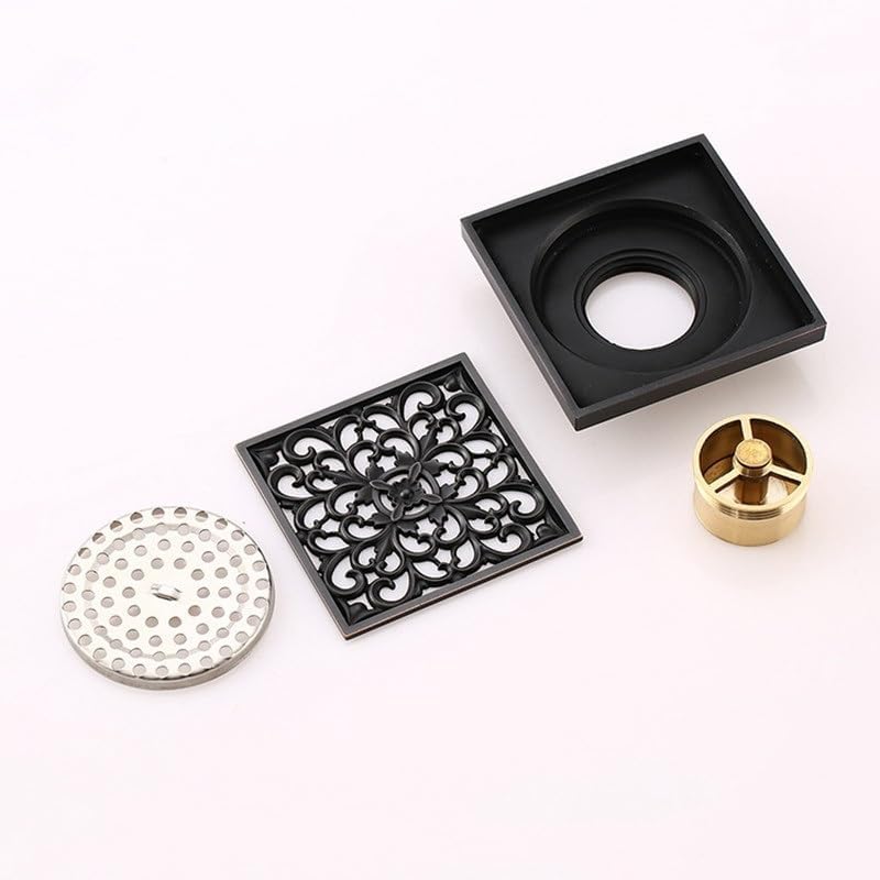 Flower Carved Art Square Bathroom Floor Drain 4 Antique Brass 1