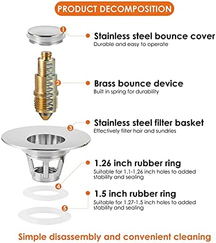 Drifop Universal Sink Stopper with Hair Catcher 11-15 Inch Drain Silver