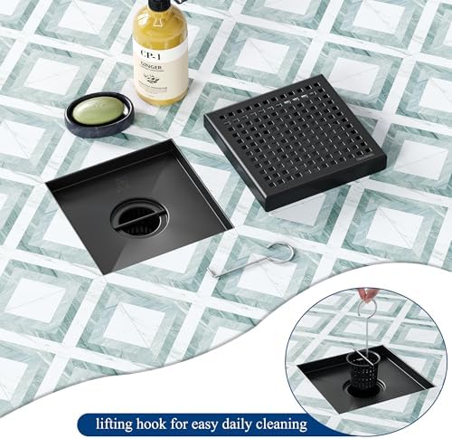 Neodrain 6 Inch Square Shower Drain with Matte Black Grate 1