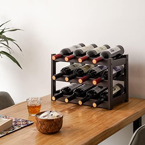 VASMIA Bamboo Wine Rack 3-Tier 12 Bottles Storage Cabinet Shelf