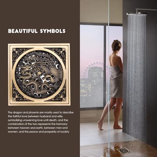Tissting 43x43in Stainless Steel Copper Floor Drain with Dragon Phoenix Relief Design