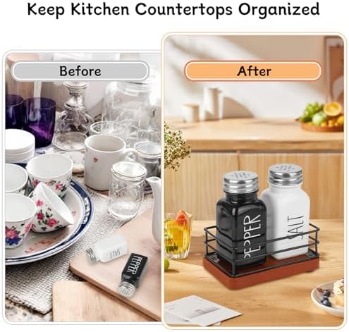 Cute Farmhouse Salt Pepper Shaker Set with Wooden Holder
