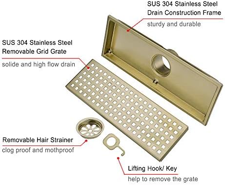 Linear Shower Floor Drain Brushed Gold 12-inch