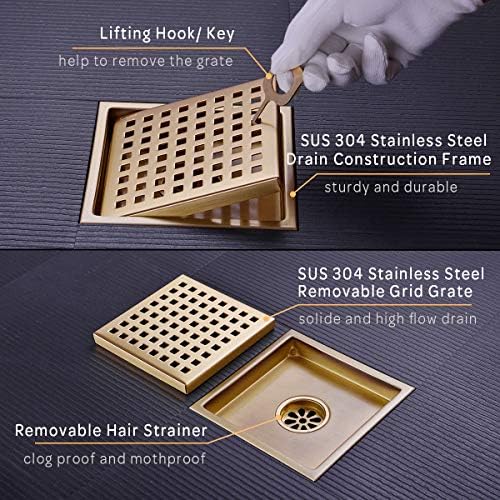 6 Square Stainless Steel Shower Drain with Brushed Gold Finish