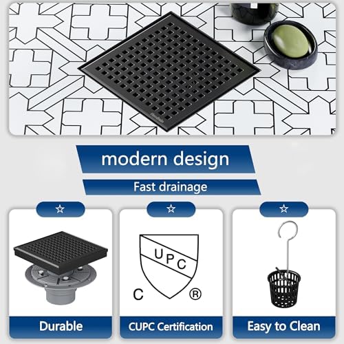 Neodrain 6 Inch Square Shower Drain with Matte Black Grate