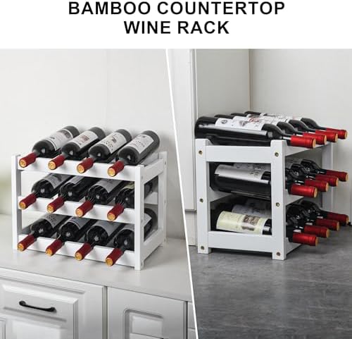 VASMIA Bamboo Wine Rack 3-Tier 12 Bottles White