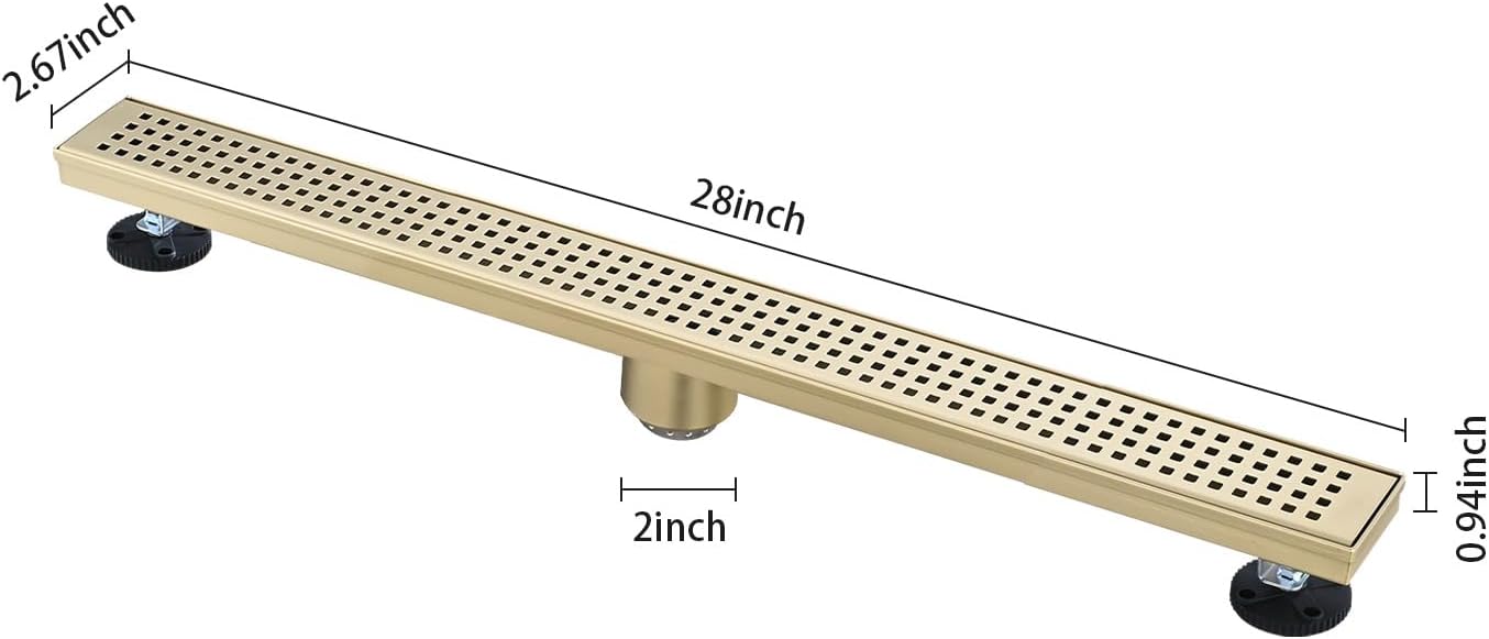 28 Inches Linear Shower Drain with Brushed Gold Grate
