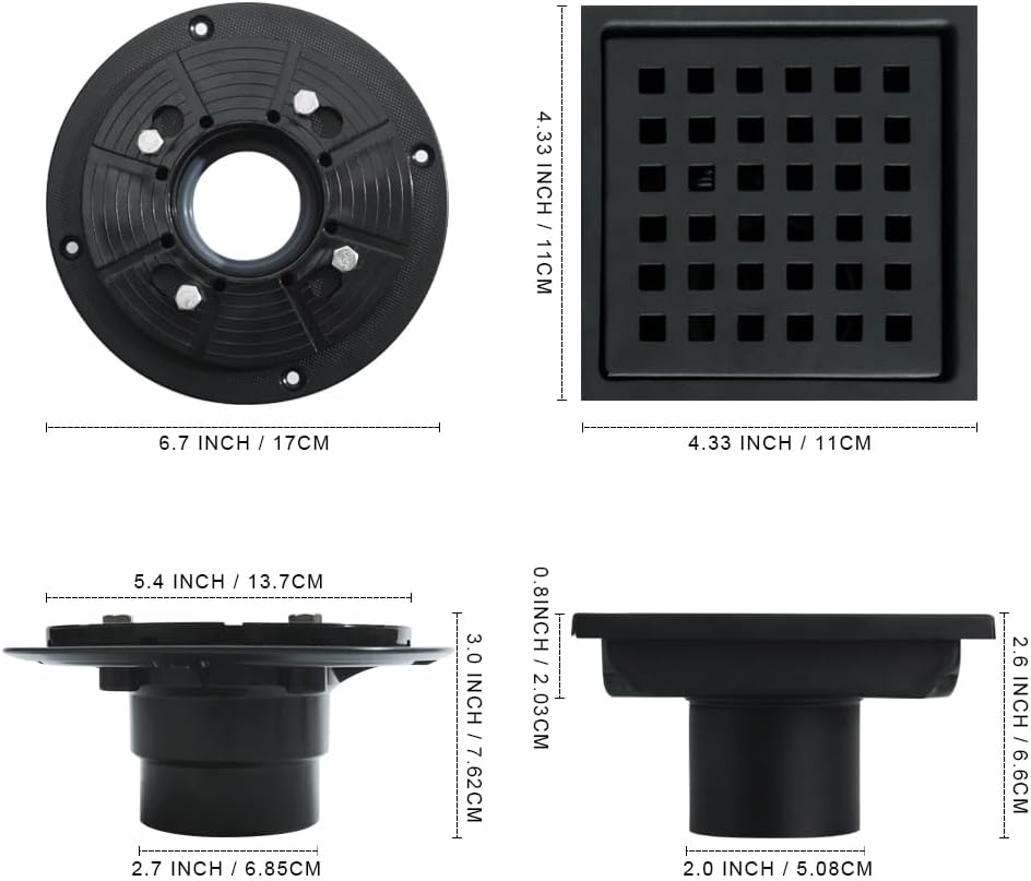 4 Inch Square Shower Drain with Flange and Hair Strainer